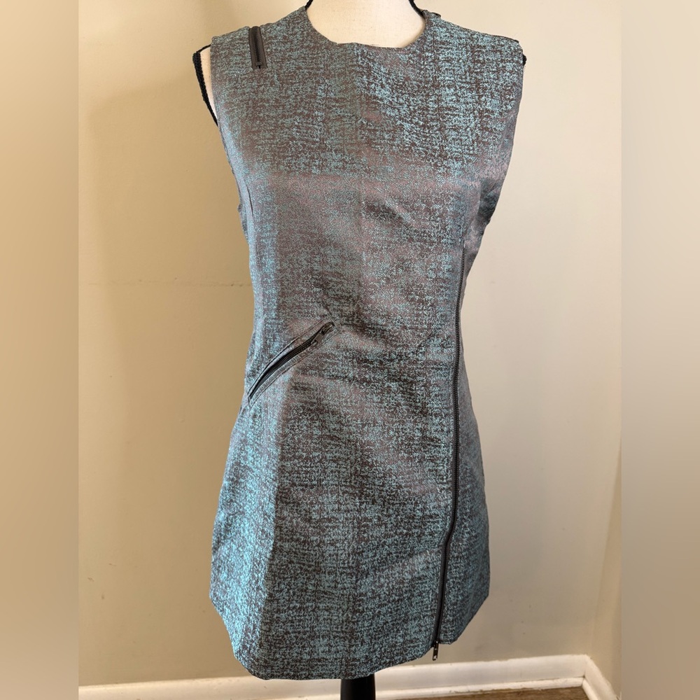 Jondie midi sleeveless moto dress shimmery metallic teal brown pockets SZ medium
